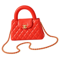 Chanel Coral Red Quilted Lambskin Mini Coco Handle Bag Gold Chain Made in Italy