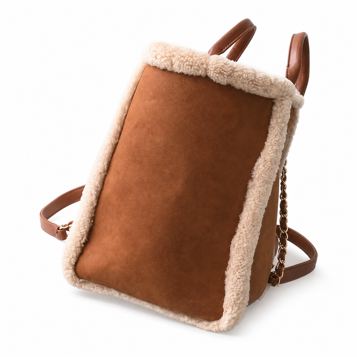 CHANEL Deauville Shopping Tote – Caramel Brown Suede Ivory Shearling Trim Gold Hardware 38cm