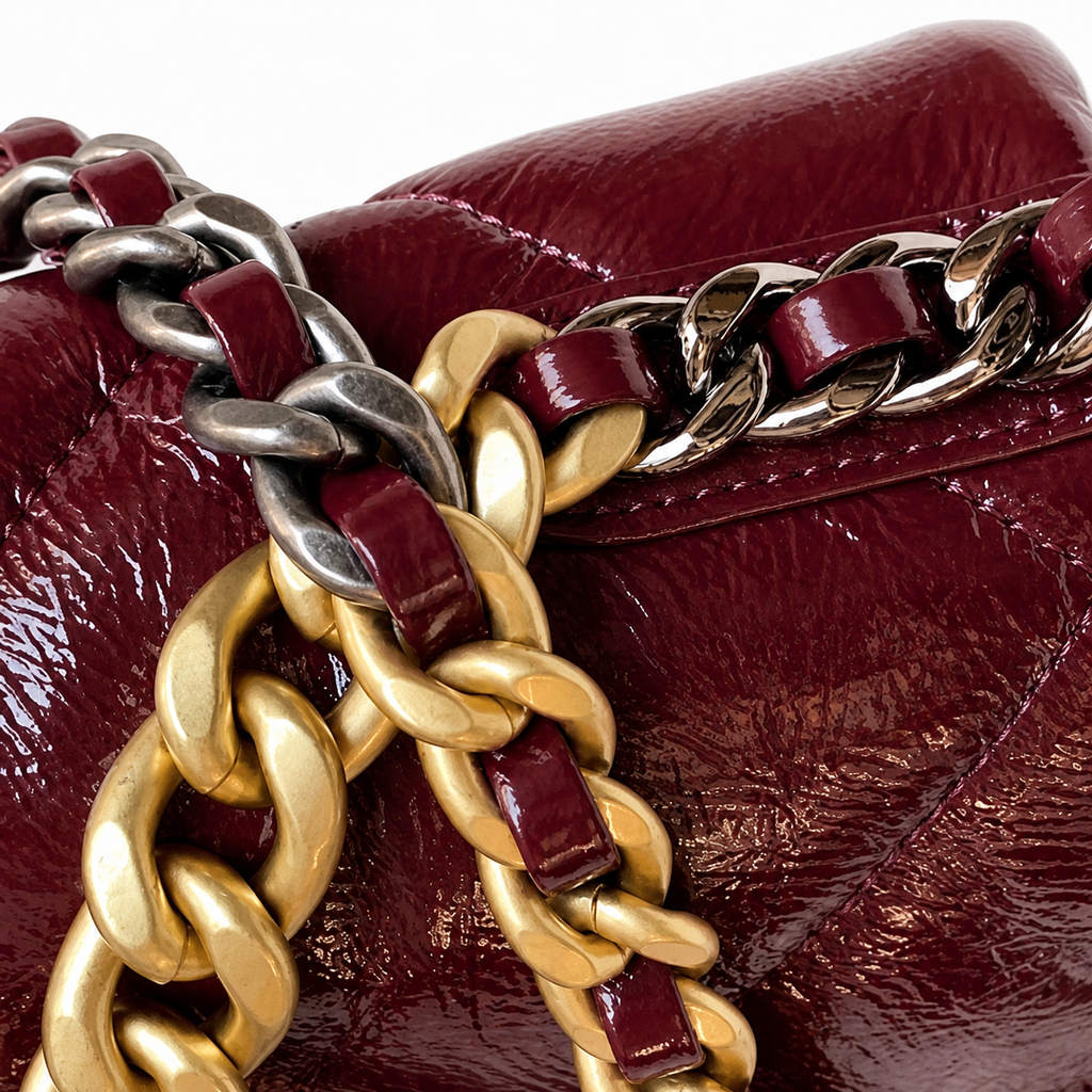 Chanel 19 Large Flap Bag Burgundy Crinkled Patent Leather Mixed Metal Chain CC Turn-Lock 26cm