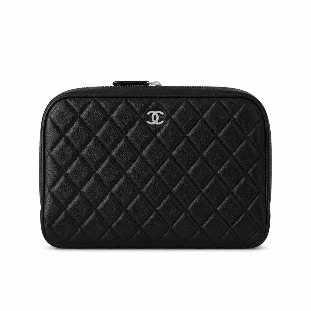 Chanel Black Caviar Quilted Zip-Around Vanity Case Silver CC Logo Double Zipper Silver Hardware 21cm