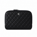 Chanel Black Caviar Quilted Zip-Around Vanity Case Silver CC Logo Double Zipper Silver Hardware 21cm