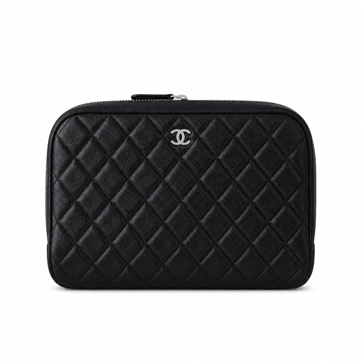 Chanel Black Caviar Quilted Zip-Around Vanity Case Silver CC Logo Double Zipper Silver Hardware 21cm
