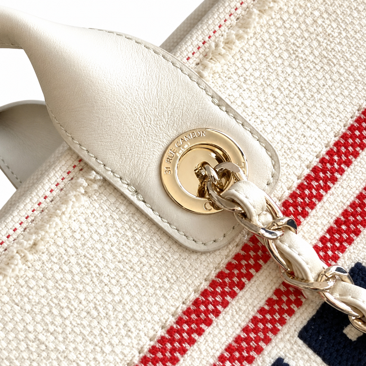 CHANEL Deauville Canvas Shopping Tote – Navy Blue Red Stripe Ivory CHANEL PARIS Gold Hardware 38cm