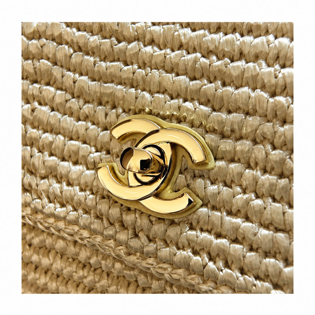 Chanel Natural Beige Raffia Woven Classic Flap Shoulder Bag | Gold CC Turn-Lock | Chain Strap | 16×25.5×7cm