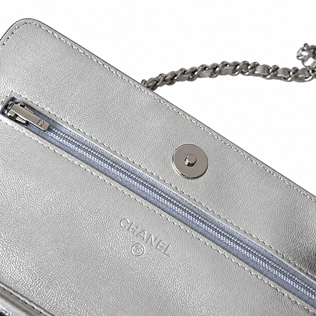 Chanel Wallet on Chain (WOC) | Silver Metallic Quilted Leather Silver Hardware | 19cm
