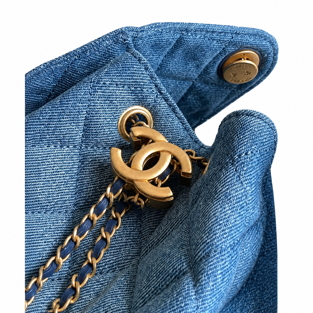 Chanel Blue Quilted Denim Large Flap Bag with Gold CC Logo