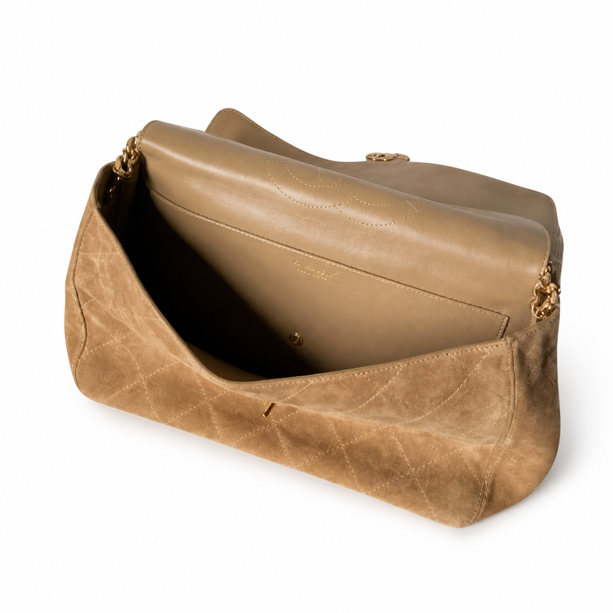 Chanel Camel Suede Quilted Jumbo Classic Flap Shoulder Bag | Gold CC Turn-Lock | Gold Chain | 39×28×12cm