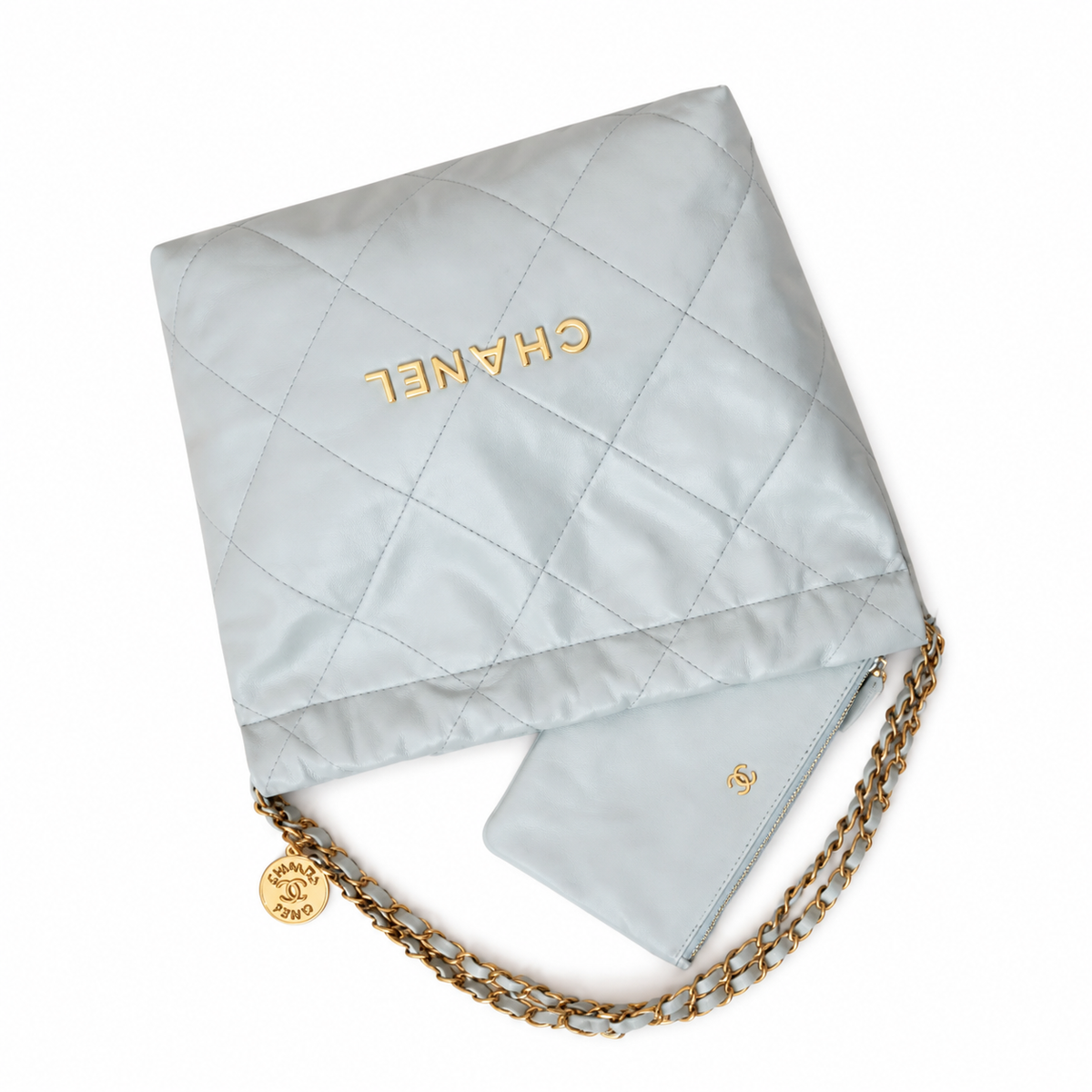 Chanel 22 Large Bag Pale Blue Grey Quilted Calfskin Gold Chain CC Medallion 35cm