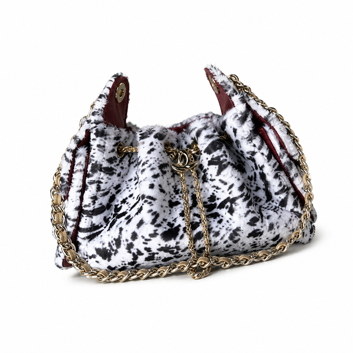 Chanel Black White Dalmatian Faux Fur Quilted Flap Bag Gold Chain