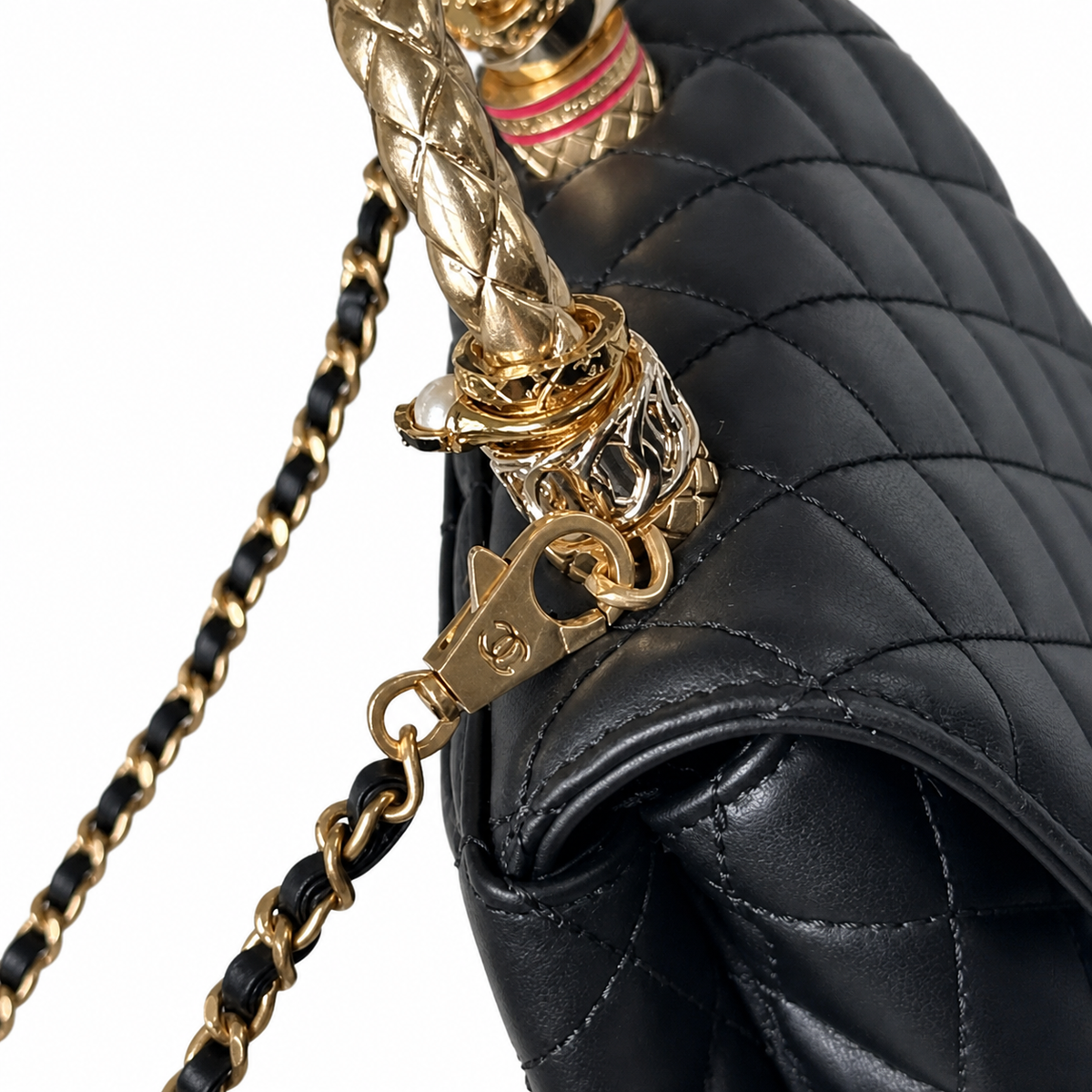CHANEL Black Quilted Lambskin Jewel Ring Top Handle Flap Chain Bag