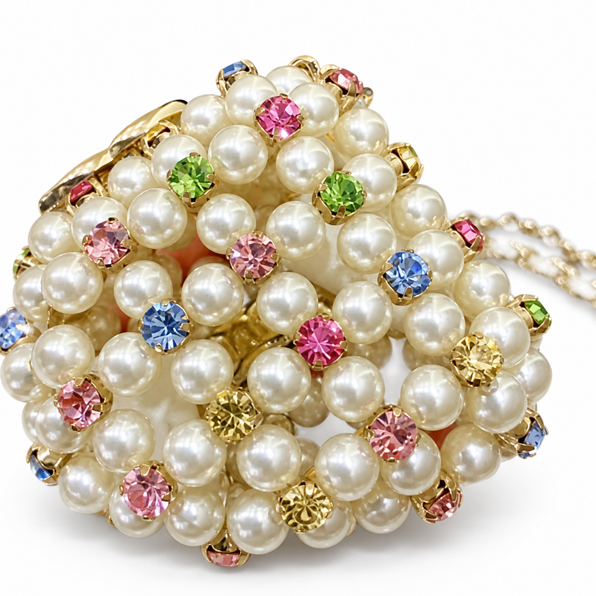 CHANEL Pearl Crystal Minaudiere Evening Bag Gold Chain CC Logo