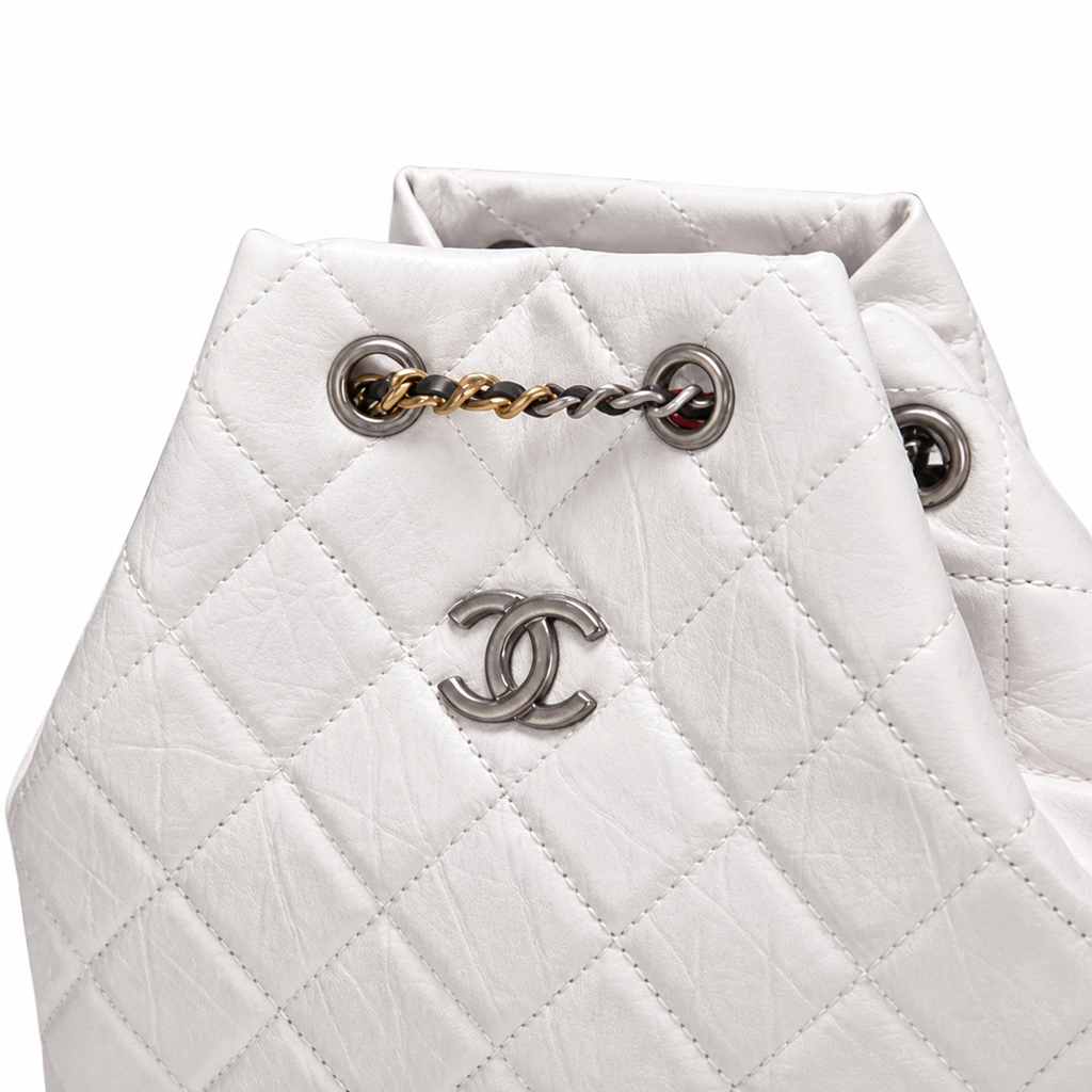 Chanel Gabrielle Backpack White Quilted Leather Black Patent Base Mixed Metal Hardware Red Interior Made in Italy 24cm