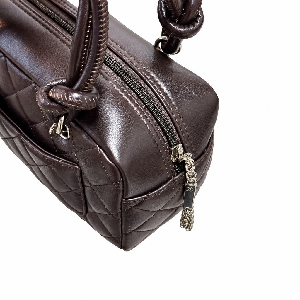 Chanel Cambon Mini Bowler Bag | Dark Brown Quilted Lambskin CC Logo Silver Hardware Orange Lining | 21cm
