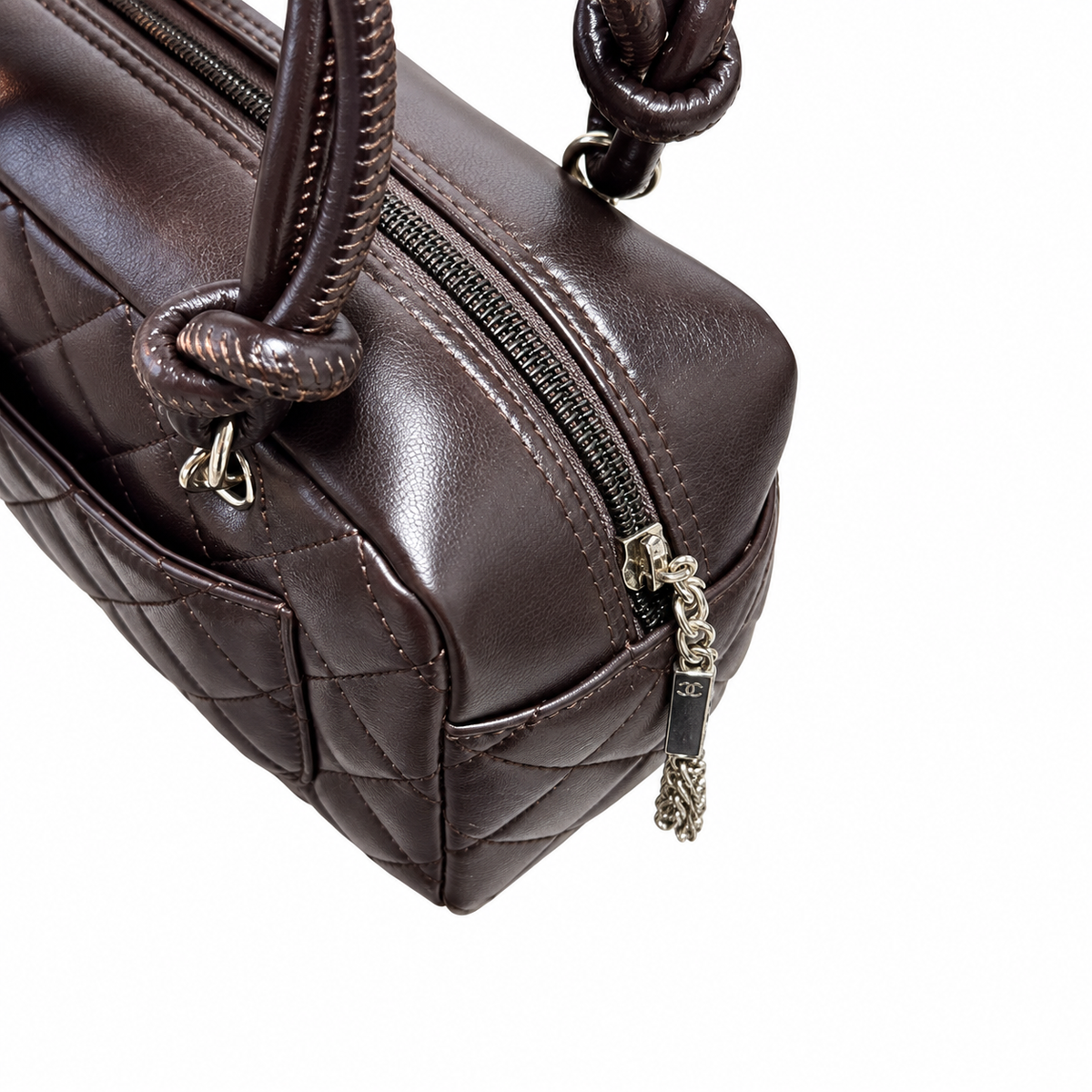 Chanel Cambon Mini Bowler Bag | Dark Brown Quilted Lambskin CC Logo Silver Hardware Orange Lining | 21cm