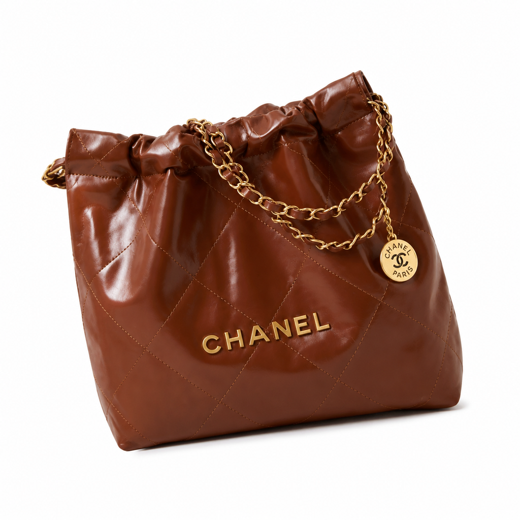 Chanel 22 Large Bag Dark Brown Shiny Calfskin Gold CHANEL Logo Chain CC Medallion 35cm