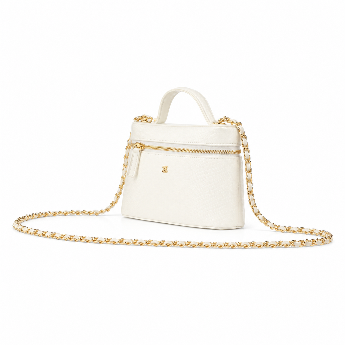 CHANEL White Croc-Embossed Leather Vanity Case Top Handle Chain Bag