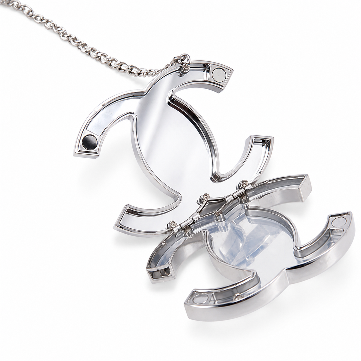 Chanel CC Logo Hard Shell Minaudiere | Silver Mirror & Chain — 10cm