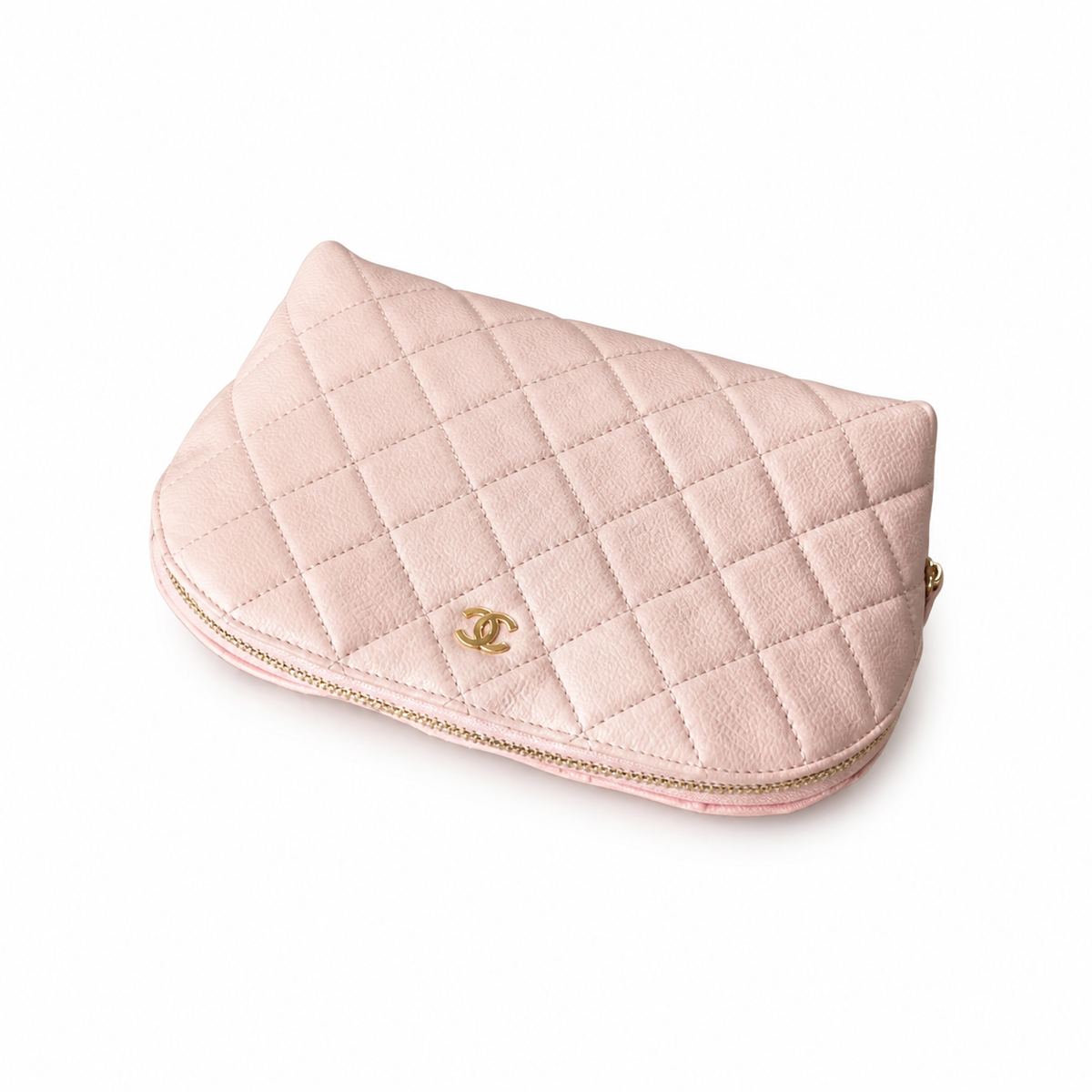Chanel Light Pink Quilted Caviar Clamshell Cosmetic Pouch Beauty Case Gold CC Logo Gold Zipper 19cm
