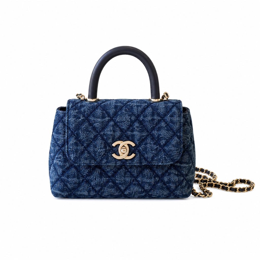Chanel Navy Blue Denim Quilted Coco Handle Mini Flap Bag | Gold Chain | 11.5×14.5×5.5cm