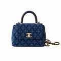 Chanel Navy Blue Denim Quilted Coco Handle Mini Flap Bag | Gold Chain | 11.5×14.5×5.5cm