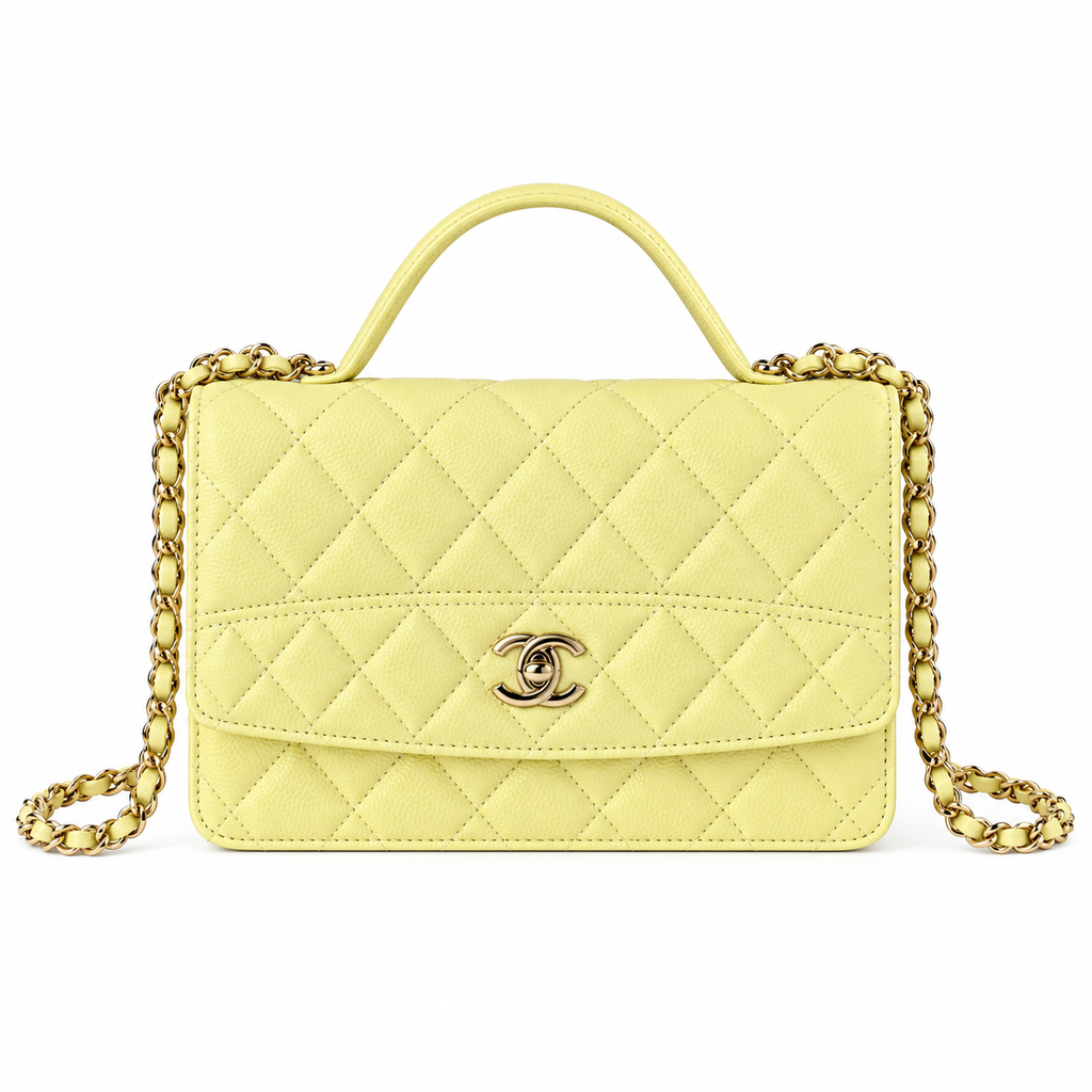 Chanel Classic Flap Mini Rectangle Lemon Yellow Caviar Leather Aged Gold CC Hardware 18.5cm
