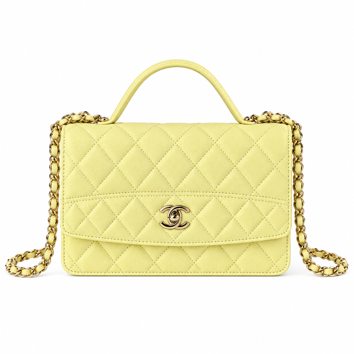 Chanel Classic Flap Mini Rectangle Lemon Yellow Caviar Leather Aged Gold CC Hardware 18.5cm