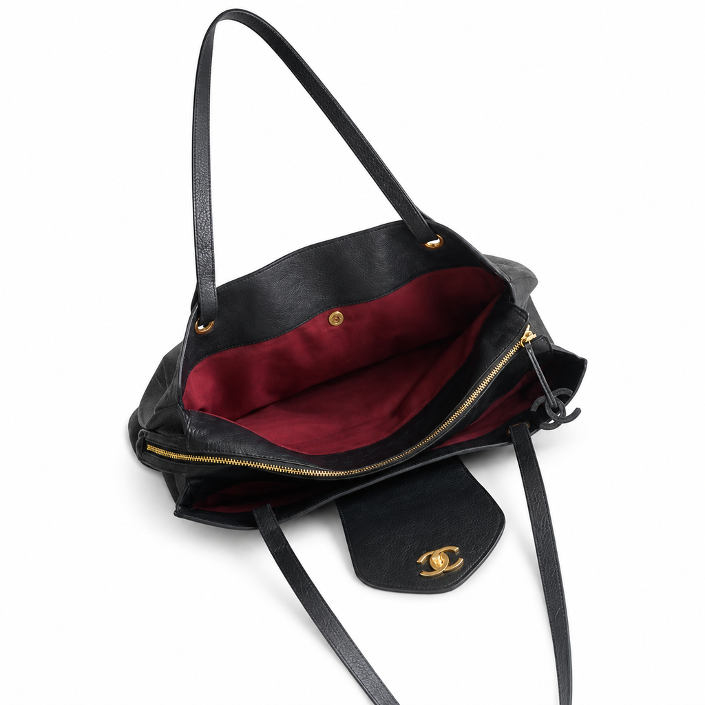 Chanel Black Caviar Leather Grand Shopping Tote Bag | Gold CC | Half-Moon Front Pocket | 36×46×20cm