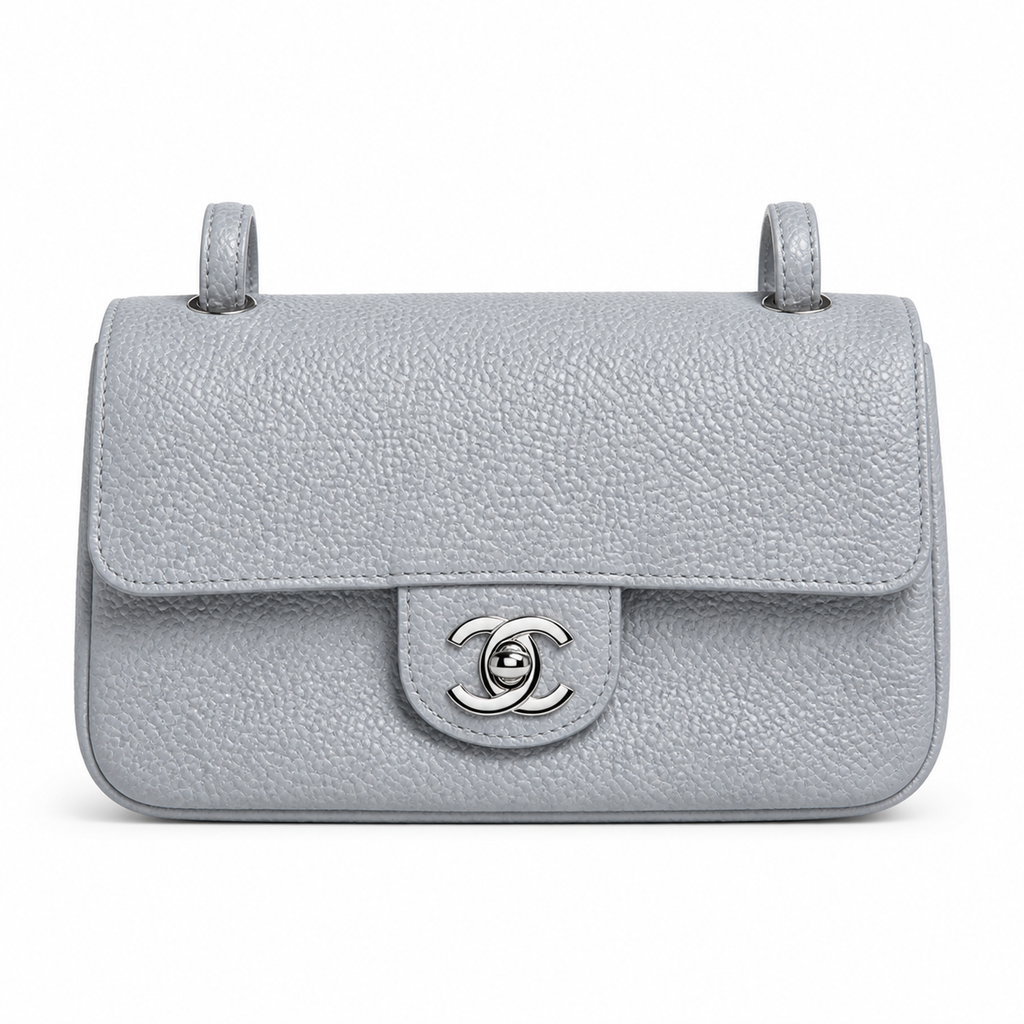 Chanel Light Blue Caviar Leather Mini Flap Bag Silver CC Burgundy Interior