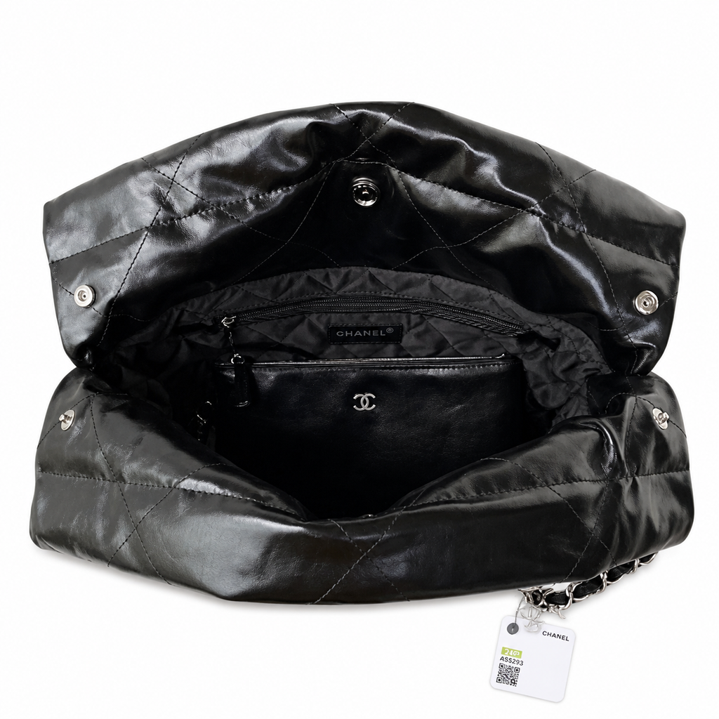 Chanel 22 Large Bag Black Shiny Calfskin Silver Chain CC Medallion 35cm