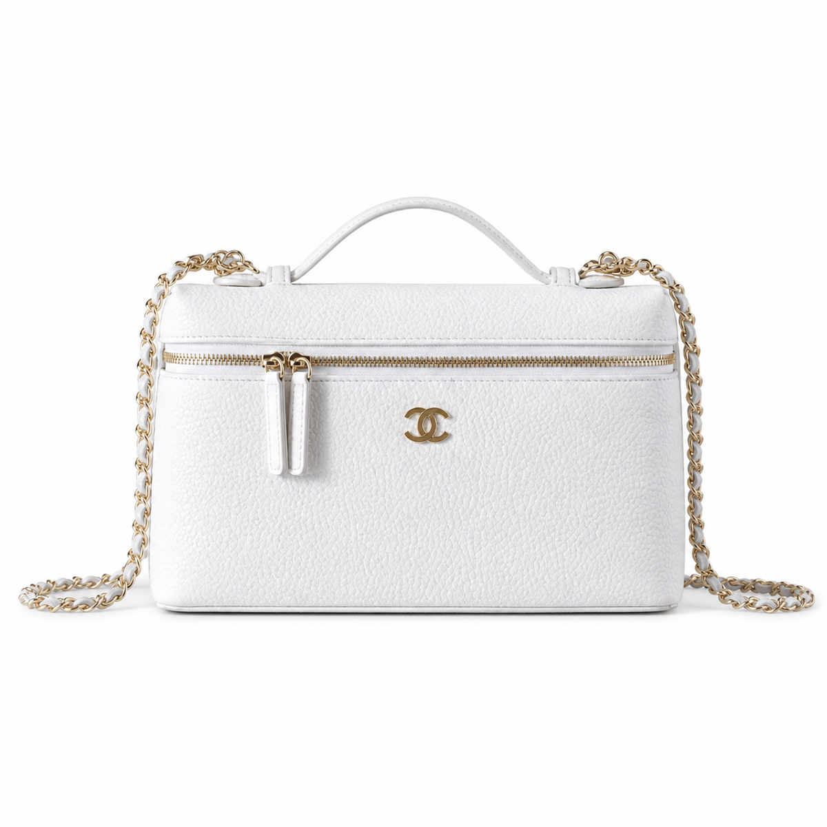 Chanel White Caviar Leather Vanity Case Crossbody Bag | Gold CC | Top Handle | 15×23×5cm