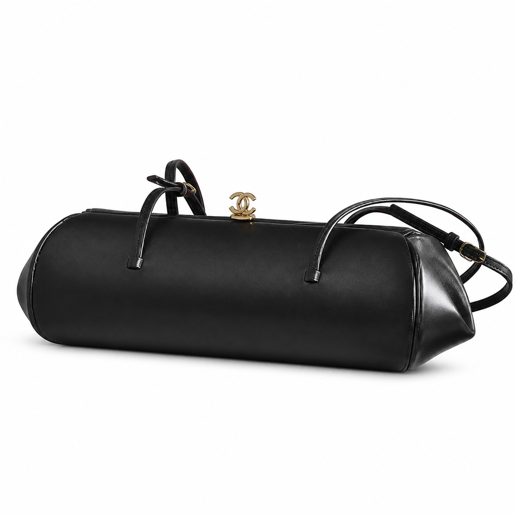Chanel Vintage Black Smooth Calfskin Torpedo Barrel Shoulder Bag 3D Sculptural CC Clasp Dual Slim Strap 36cm
