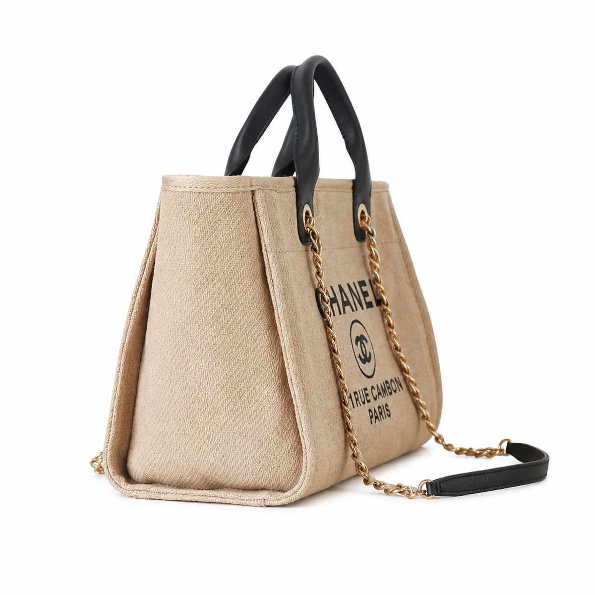Chanel Deauville Tote Large Beige Canvas Black Leather Handles Gold Chain Shoulder Bag 39cm