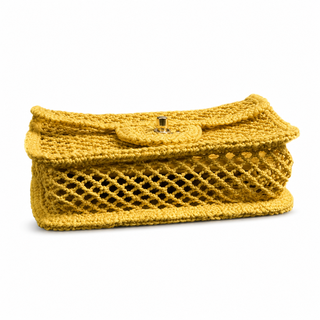 CHANEL Sunshine Yellow Crochet Open Mesh Flap Bag Gold Chain