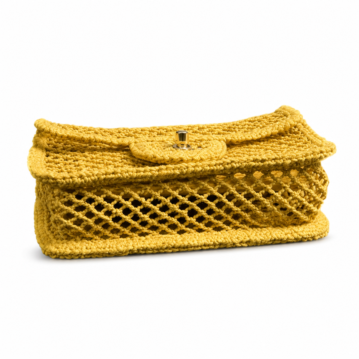 CHANEL Sunshine Yellow Crochet Open Mesh Flap Bag Gold Chain