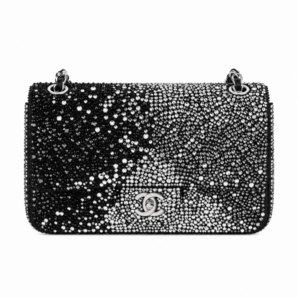 Chanel Black & Silver Crystal Leopard Print Rhinestone Mini Flap Evening Bag | Silver CC | Chain | 20cm