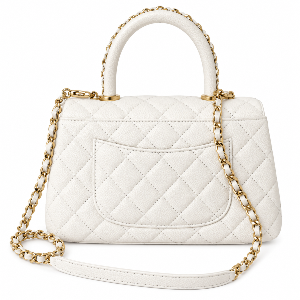 Chanel White Caviar Quilted Top Handle Crossbody Bag Antique Gold Hardware Chain Strap Base Studs 23cm