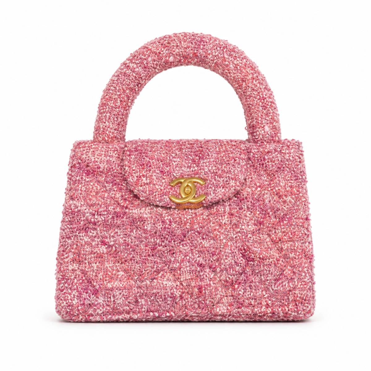 Chanel Pink Tweed Quilted Mini Kelly Shopping Bag Gold CC Chain Fuchsia Interior