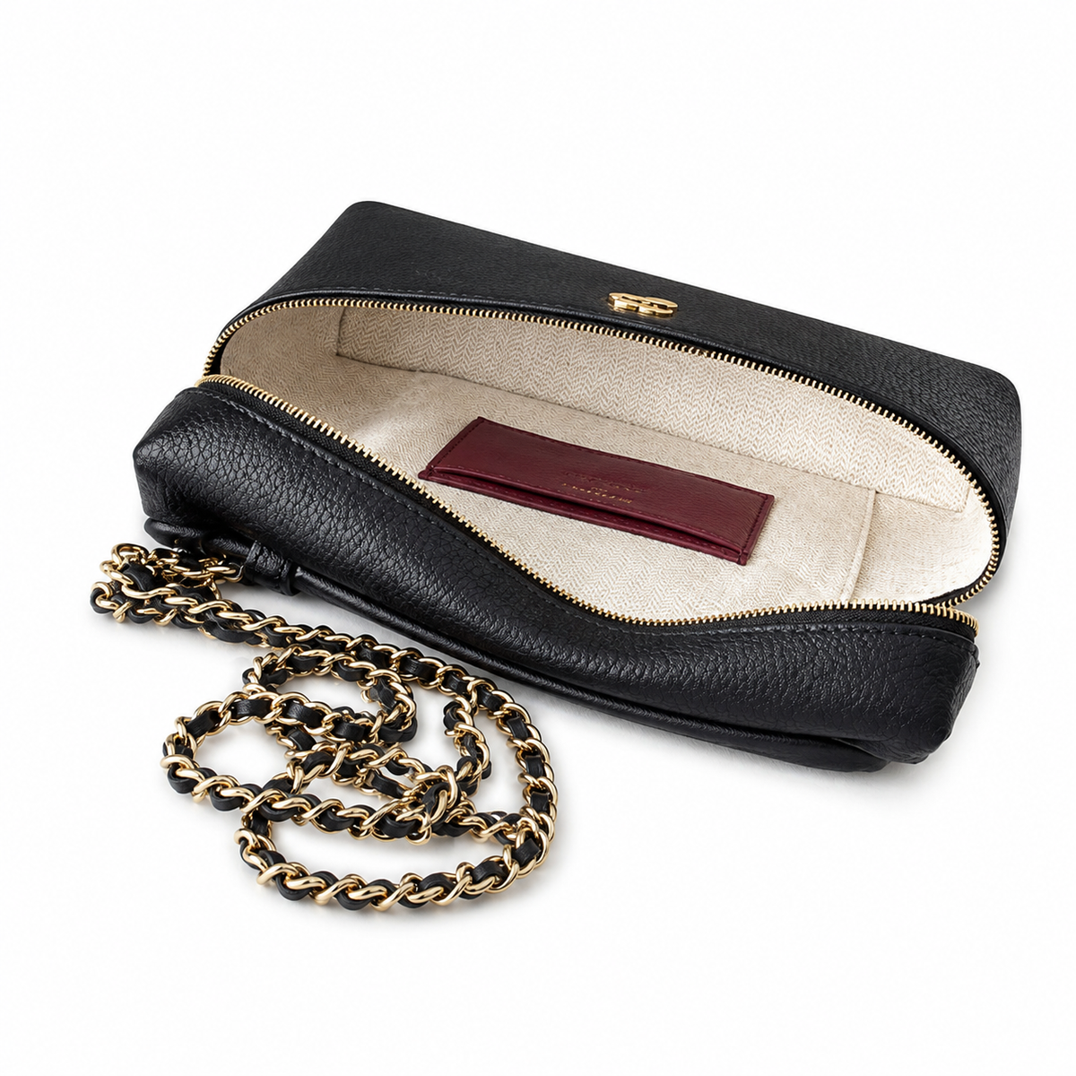 Chanel Black Pebbled Leather Mini Top Handle Zip Bag Gold Chain Crossbody