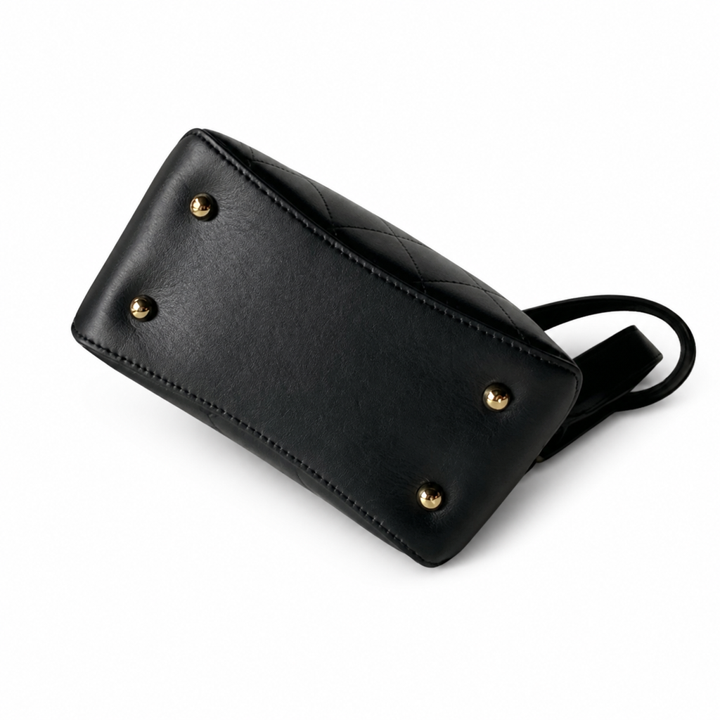 Chanel Black Quilted Leather Bucket Crossbody Bag | Leather CC Medallion | Top Handle & Strap | 20×18×12cm