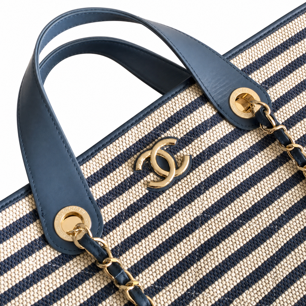 Chanel Navy & Ivory Stripe Woven Large Shopping Tote | Gold CC | Navy Leather & Chain | 25×46×13cm