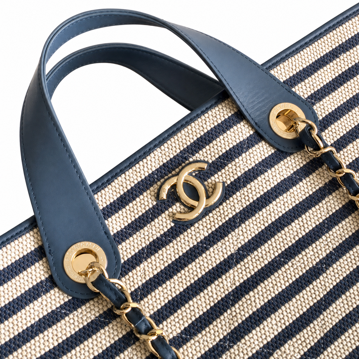 Chanel Navy & Ivory Stripe Woven Large Shopping Tote | Gold CC | Navy Leather & Chain | 25×46×13cm