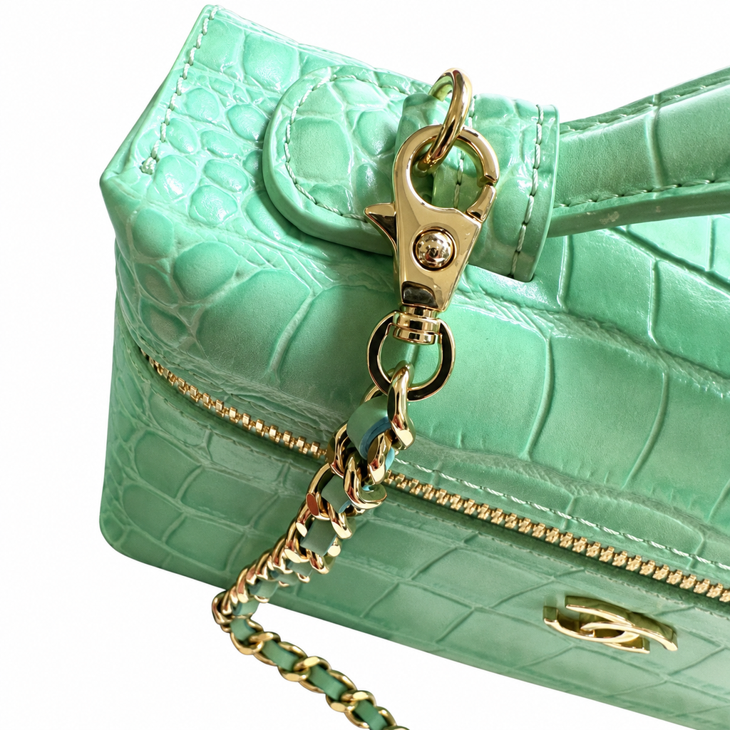 Chanel Mint Green Croc-Embossed Leather Vanity Case Crossbody Bag | Gold CC | 19.5×17×5cm