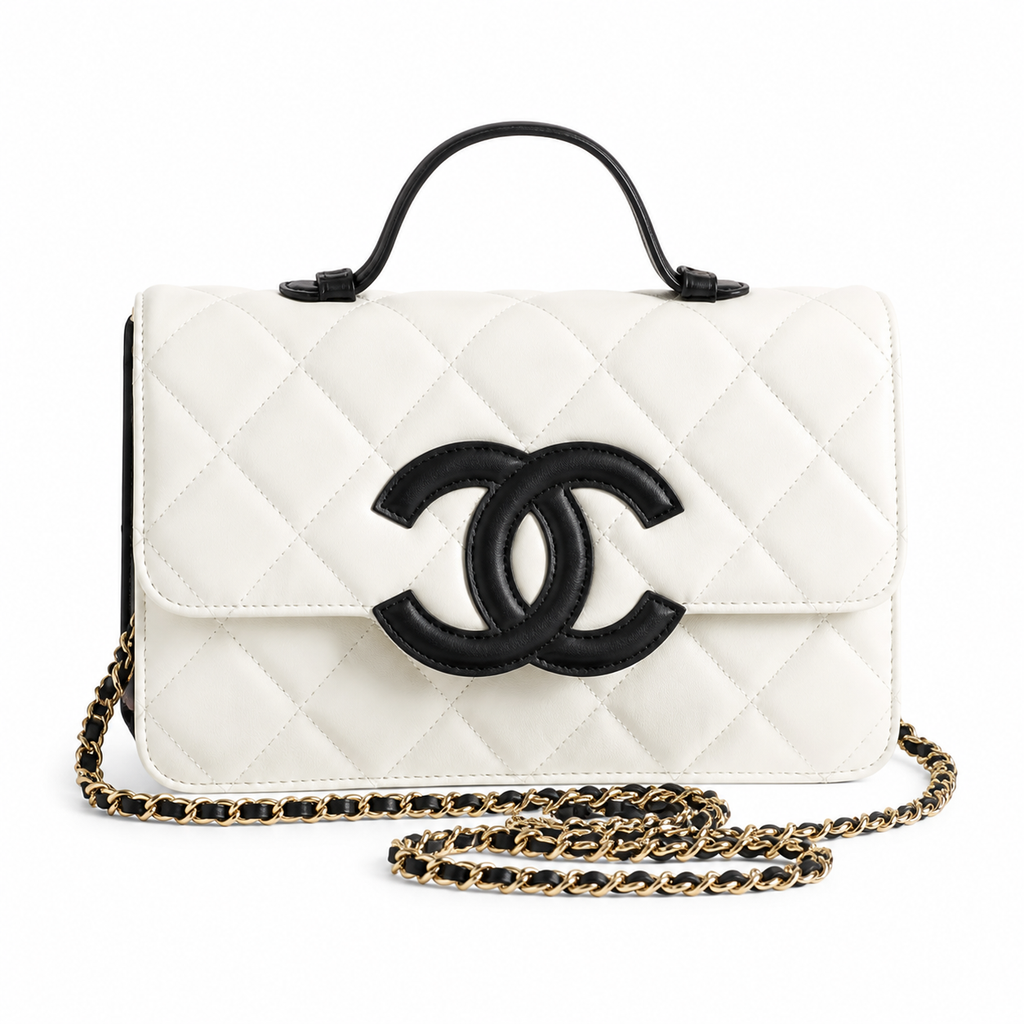 Chanel White Caviar Quilted Box Bag Top Handle Black Leather Gold CC Turn-Lock Chain Crossbody 24cm