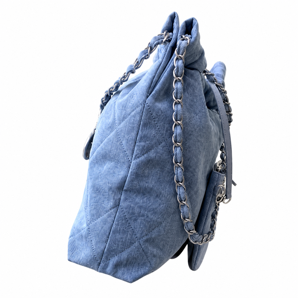Chanel Quilted Denim Hobo Bag Blue Silver CHANEL Logo Large 35cm