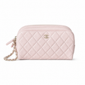 Chanel Light Pink Lambskin Quilted Dome Demi-Lune Cosmetic Clutch Silver Chain Wrist Strap 18cm
