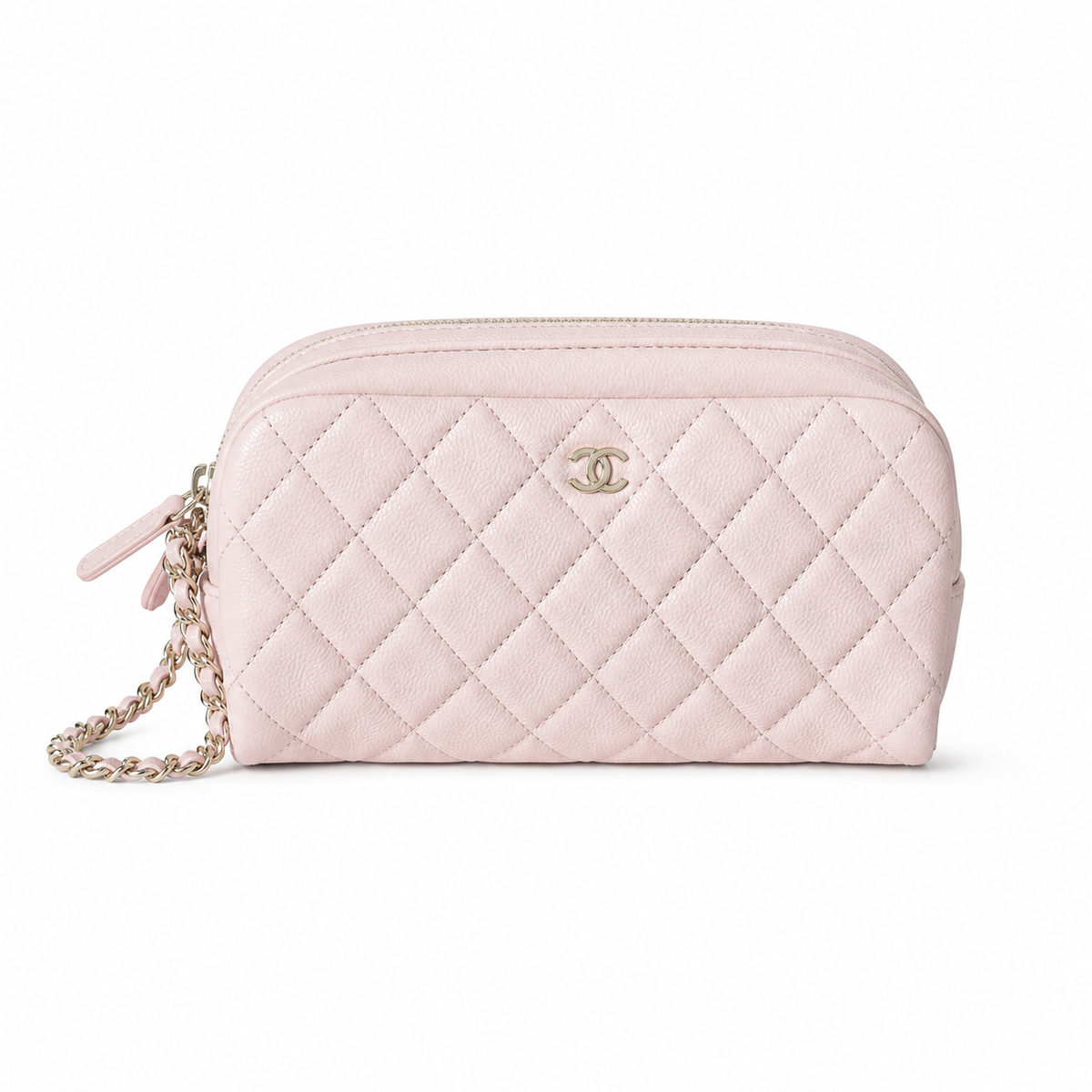 Chanel Light Pink Lambskin Quilted Dome Demi-Lune Cosmetic Clutch Silver Chain Wrist Strap 18cm