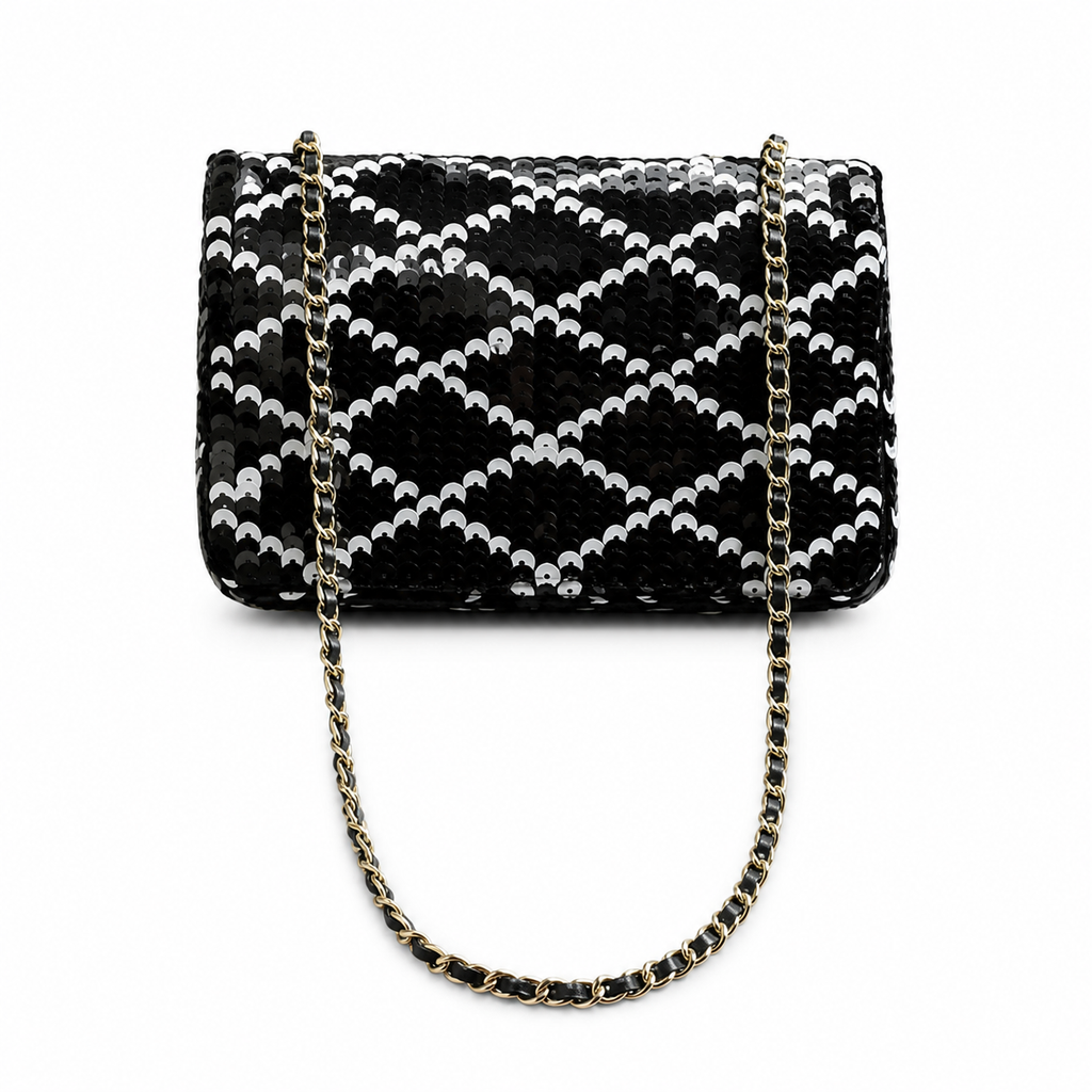 Chanel Black & Silver Sequin Quilted Classic Flap Shoulder Bag | Gold CC | 14×21×8cm