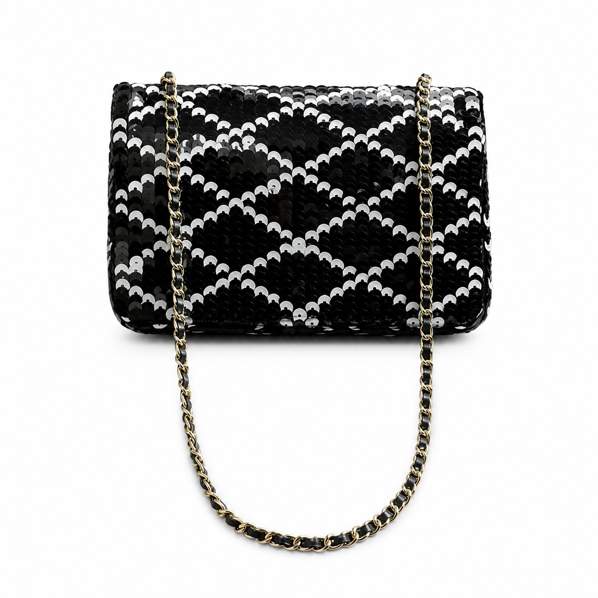 Chanel Black & Silver Sequin Quilted Classic Flap Shoulder Bag | Gold CC | 14×21×8cm