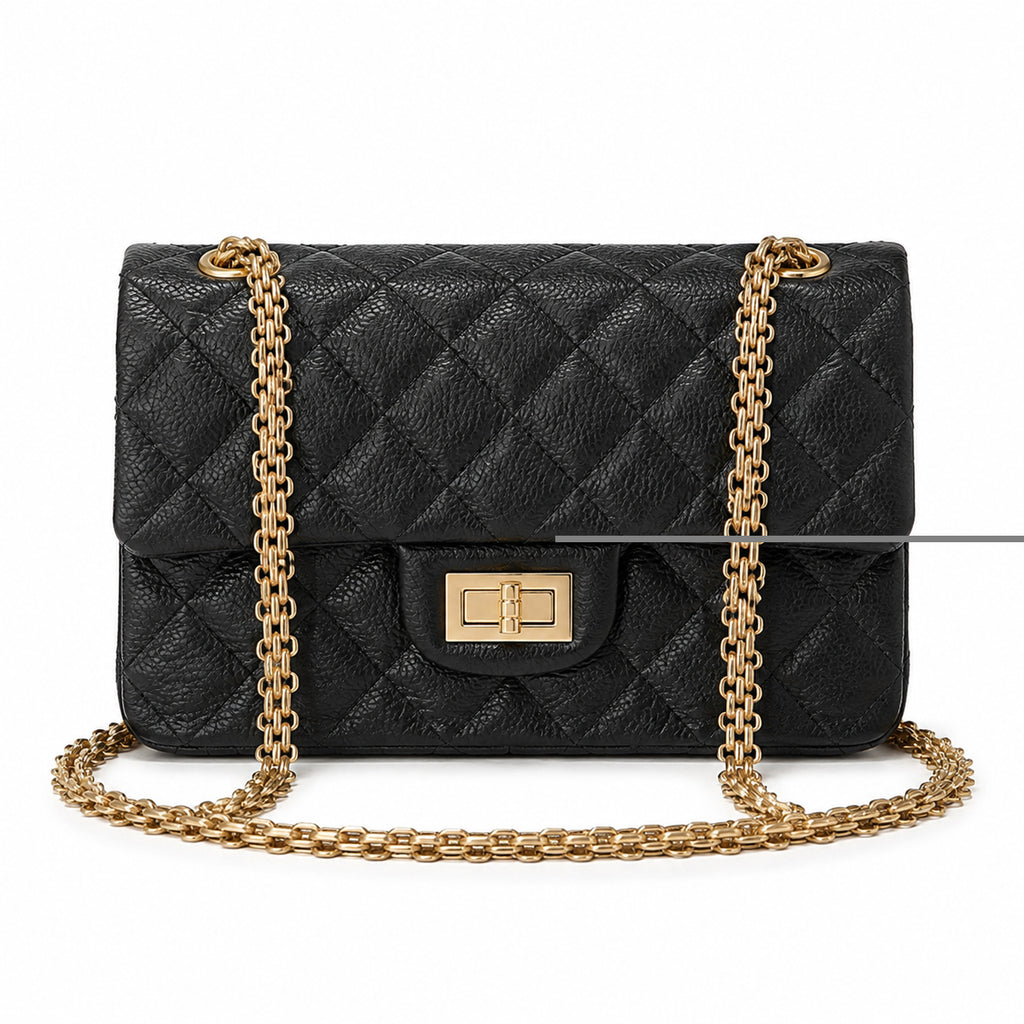 CHANEL Black Caviar Leather Classic Flap Bag Gold Chain CC Logo