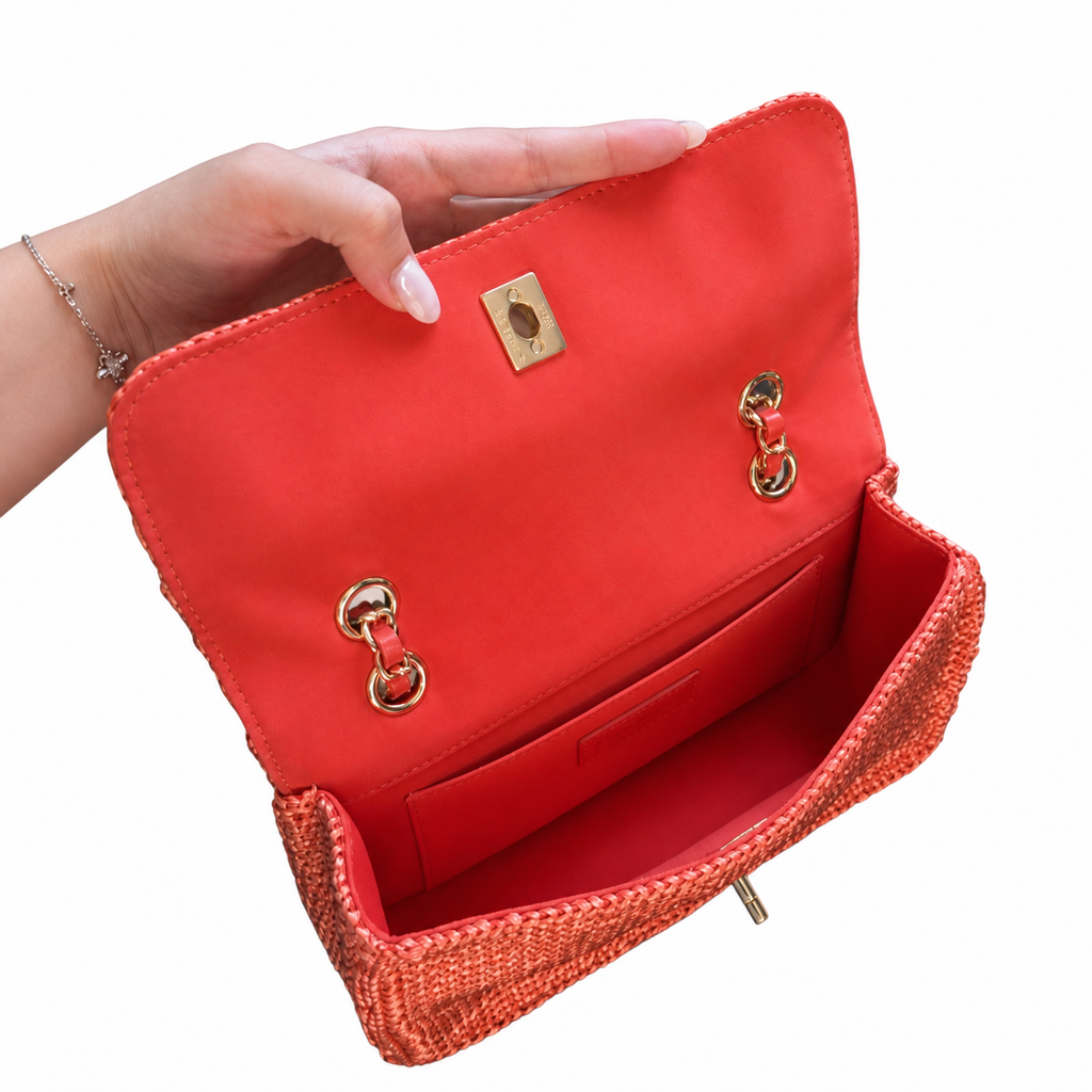 Chanel Orange Raffia Woven Classic Flap Shoulder Bag | Gold CC Turn-Lock | Chain Strap | 16×25.5×7cm